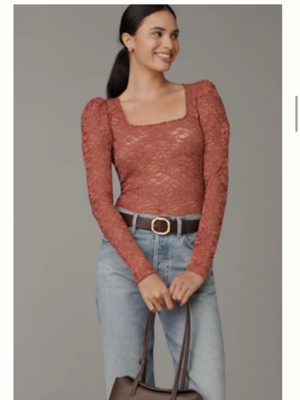 Like new! Anthropologie Rust Lace Square-Neck Long-Sleeve Top